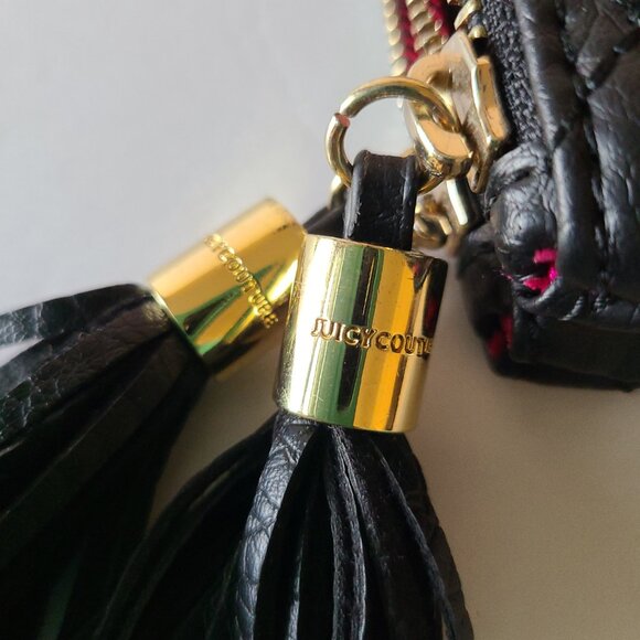 JUICY COUTURE BLACK CLUTCH QUILTED DOUBLE ZIPPER TASSEL WRISTLET GOLD HEARTS - Picture 8 of 10